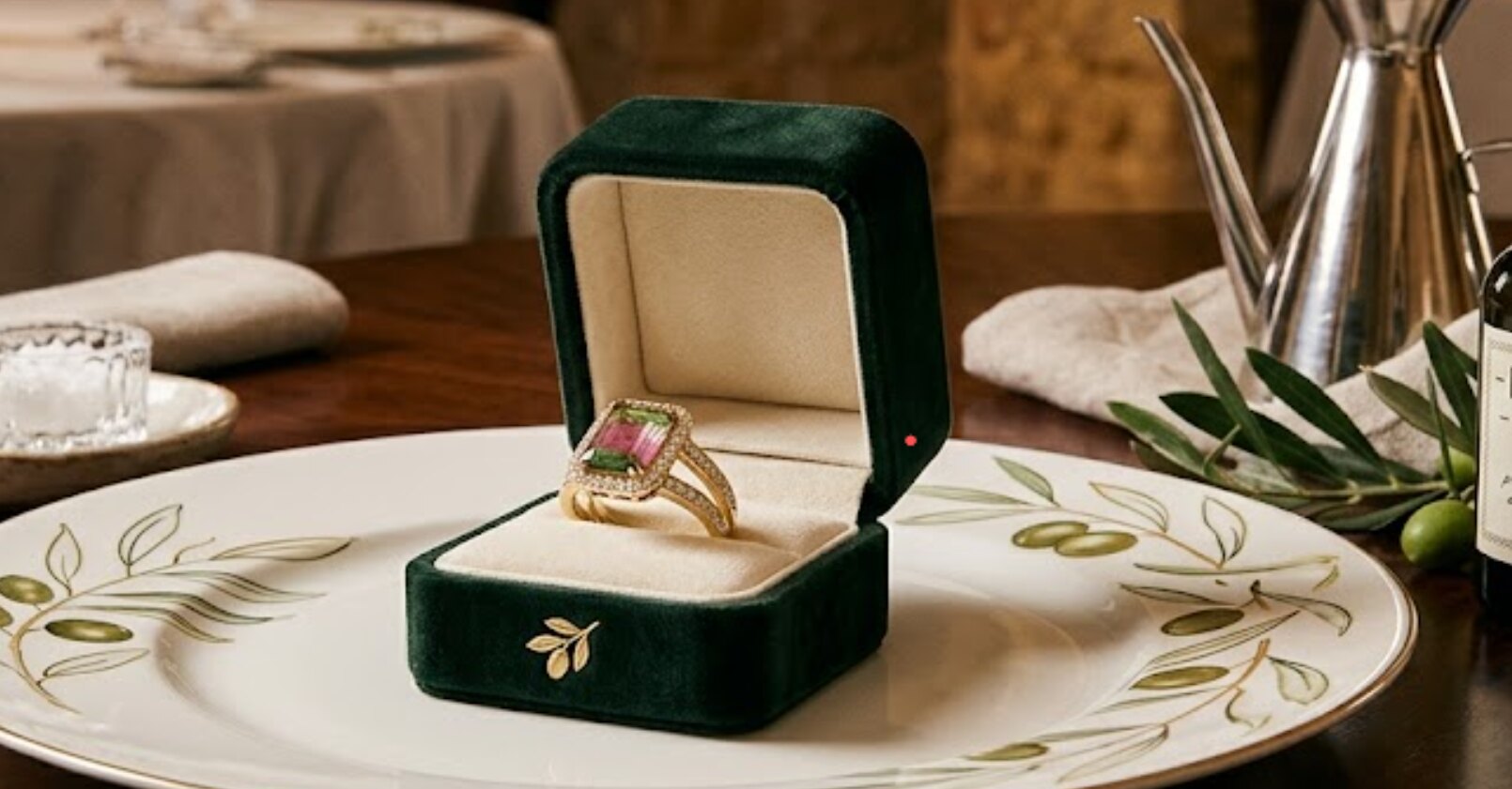 A watermelon tourmaline ring in a green velvet box
