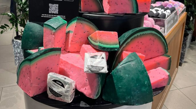 Lush watermelon-slice soaps on display in store