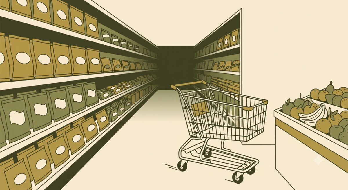 A snack aisle shelf fading into shadow