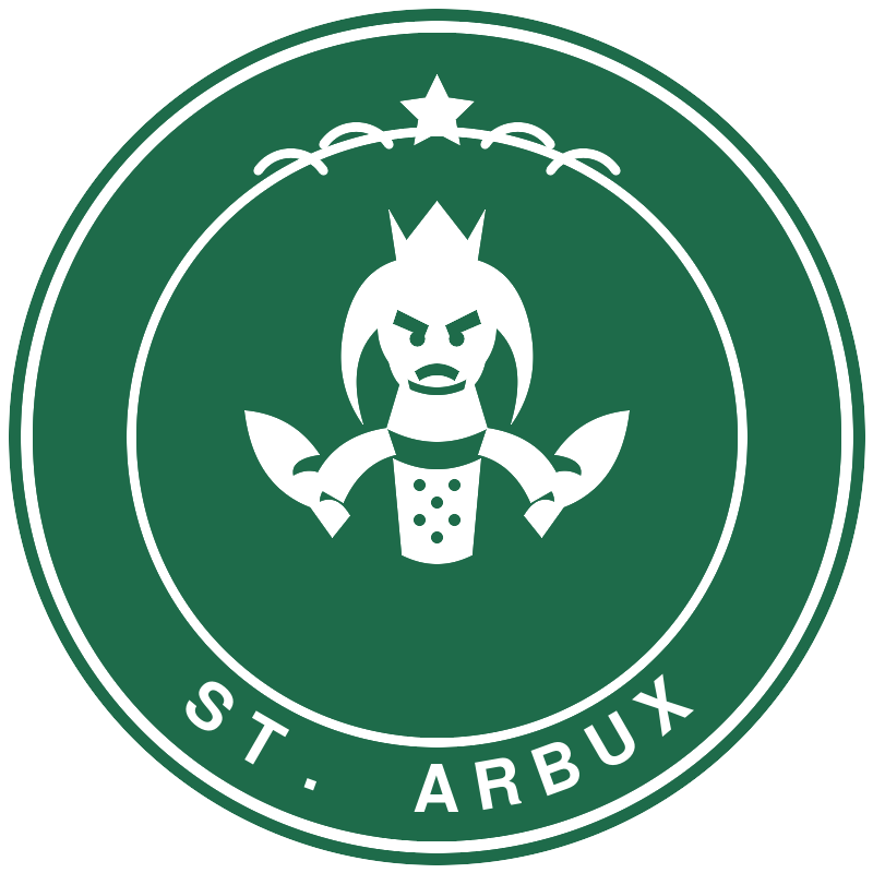A parody coffee badge of an upset siren, labeled St. Arbux